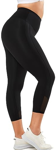 Yvette Damen Capri Leggings, Mesh 3/4 Sport Leggings high Waist Sporthosen, Schwarz,S