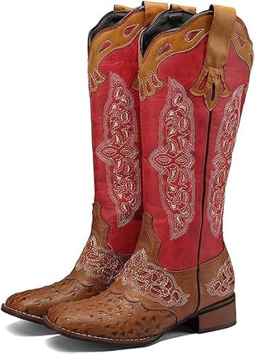 CRETUAO Stivali Alti al Ginocchio da Cowboy Ricamati da Donna,Stivali Western da Cowgirl con Tacco Basso alla Moda,Stivali Lunghi da Sposa Casual retrò da Equitazione,Rosso,40 EU
