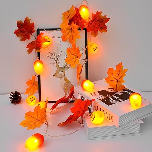 Herbstdeko LED Ahornblätter Lichterkette Batterie Herbst Dekoration, Herbst Girlande Kürbis Deko LED Licht Herbst Lichterkette Für Halloween Deko Erntedankfest Weihnachten, Gartenparty (3M,1 Stück)