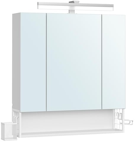 VASAGLE Armario de Baño con Luz LED, 16,5 x 70 x 75 cm, Toma Corriente, Cesta Colgante, Soporte para Secador, Mueble de Pared con Espejo, Blanco Nube BBK126W01