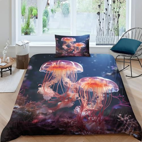 GEEYOU Medusa Bettwäsche Set Mikrofaser Jellyfish Bedding Set Reißverschluss Bed Linen Sets Farbig Bettbezug Waschbar Steppdeckenbezug Für Jungen Und Mädchen Single（135x200cm）