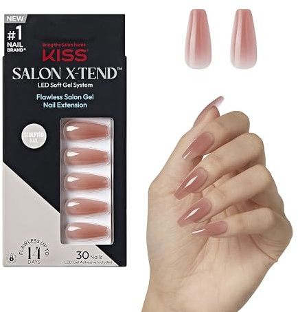KISS Salon X-tend Glue On Nails, Flowers, Medium Pink, Long Size, Coffin Shape, 34 Ct.
