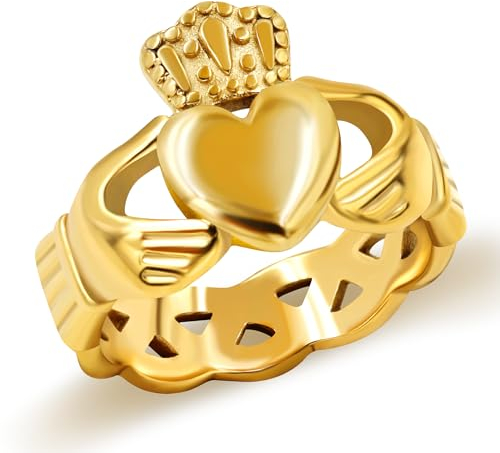 Uloveido Anello placcato oro con cuore irlandese Claddagh Love Loyalty Celtic Knot anelli in acciaio inox fedi nuziali, Size 8-Dia 18.1, Metallo, Nessuna pietra preziosa