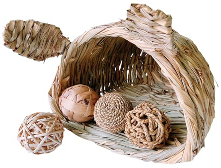 F Fityle Grasnest-Betthütte mit Öffnungen, Spielhaus, handgewebtes Gras, Versteck, Grashaus für Hamster, Kleintiere, Kaninchen, Chinchilla