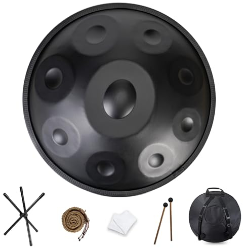 NAHAIA HANDPAN DRUM 9/10/12 Noten Steel Handpan 440hz/432hz Stahl-Handtrommel Instrument 22 Zoll in D-Moll Harmonische Percussion für Klangheilung, persönliche Meditation(9 Notes-432Hz-Black)