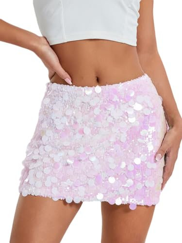 seiveini Femme Paillettes Mini Jupe en Sequins Perlage Ajustée Couleur Unie Jupe Caryon Sexy à Paillettes Chic Élégante pour la Soirée Rave Carnaval Disco Club Outfit Chic A Rose M