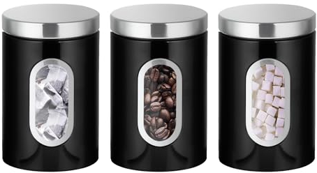 Eidoct Lot de 3 Boîtes Alimentaires à Thé, Café et Sucre en Acier Inoxydable Transparent avec Fenêtre de Visualisation en Verre et Couvercles Hermétiques pour la Cuisine