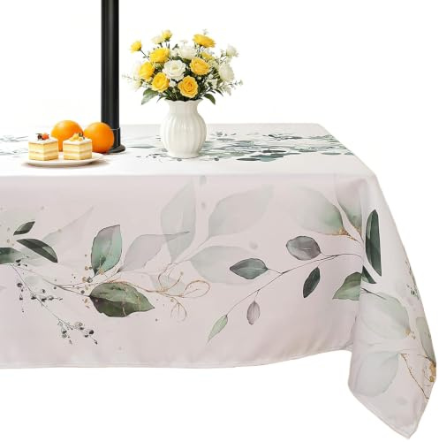 Summer Outdoor Tablecloth with Umbrella Hole and Zipper, Eucalytpus Water Color Table Cloth for Rectangle Tables, Water Resistant Rectangular Polyester Table Cover for Picnic/Patio 60 * 120 Green