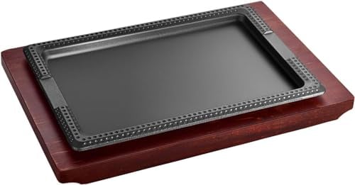 Plancha grande de hierro fundido para carne con base de madera, parrilla de servidor, uso doméstico o suministro de restaurante