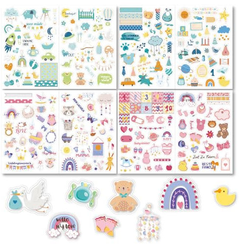 Goiern 4 Stück 215 Stickers Babyalbum,Aufkleber für Kinder und Baby Fotoalben, 8 Bögen DIN-A4 DIY Scrapbooking Aufkleber zum Gestalten, Baby-Scrapbook-Aufkleber(Bunte)