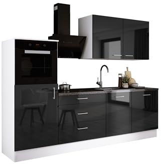 3E 3xE living.com Küchenzeile in Farbe: Weiß/Schwarz glänzend, A: B: 250 cm, H: 220 cm, T: 60 cm