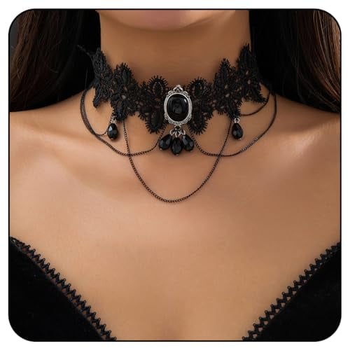 Handcess Gothic Spitzen Choker Halskette Schwarz Strass Anhänger Halsketten Hohle Choker Halskette für Frauen