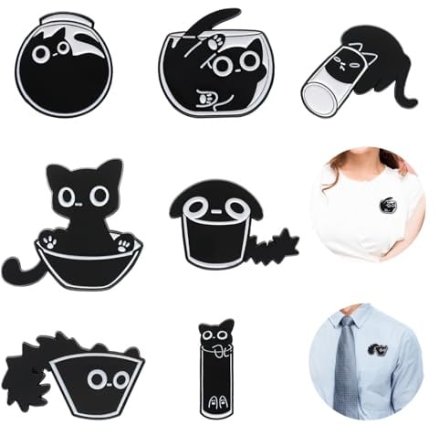 TNSLAND 7 Stück Schwarze Katzen Emaille Anstecknadeln - Enamel Emaille Anstecker Pin Tier Cute Anime Pins Katzen Brosche, Abzeichen Cartoon Tier Anstecknadel für Jacken, Hüte