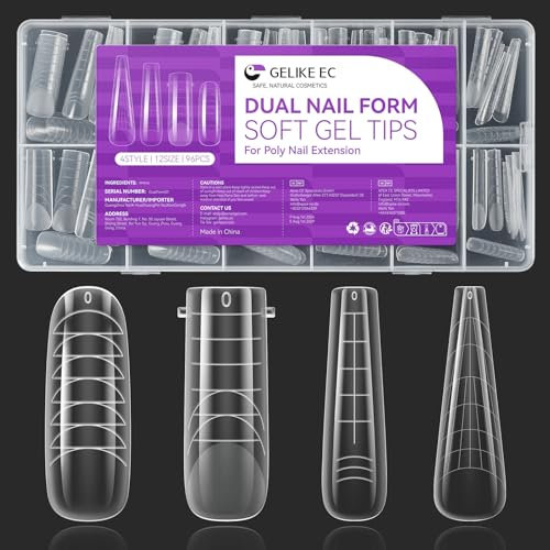 Gelike ec Dual Nail Forms Set: Capsule Americaine Ongle Gel, 4 Formes d'Extension Faux Ongles 96 Pièces 12 Tailles Couverture Complète, PMMA Gel Pose Manucure Art d'Ongle Design Salon DIY