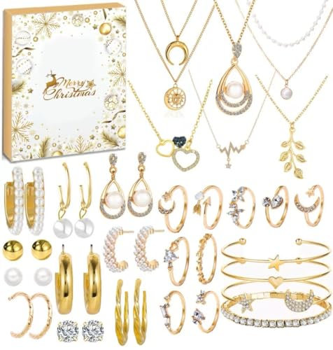 Meiruier Schmuck-Set, Adventskalender 2024, 24 Tage, Countdown-Kalender für Erwachsene, Frauen, Weihnachten, modisches Armband, Halskette, Ringe, Ohrringe, Weihnachtsüberraschungsgeschenk für Ehefrau,