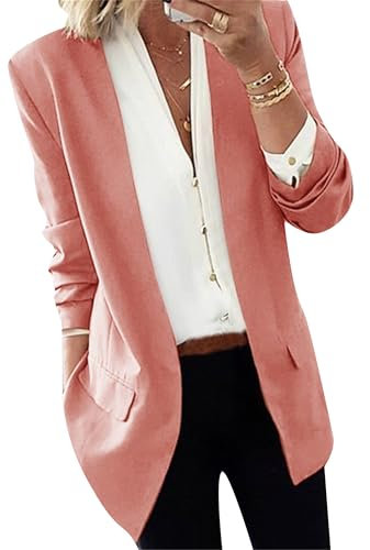 EFOFEI Donna Cappotto Tuta Aperta Davanti Ufficio Lavoro Blazer Giacca Colore Solido Senza Colletto Blazer Slim Fit Manica Lunga Blazer Rosa Chiaro L