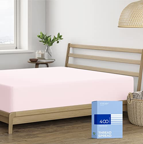 THREAD SPREAD 100% Cotton Fitted Sheet Twin Size - 400 Thread Count 16 Deep Pocket Twin Fitted Sheet Only, Soft Cooling Sateen Weave Elastic Bottom Sheet, Fits College Dorm Mattress Teens - Blush