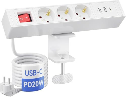 Enchufe de Mesa con USB C PD20W, regleta de Mesa con Pinza para Escritorio, Enchufe de Mesa, Enchufe múltiple de 2 m, Cable Blanco