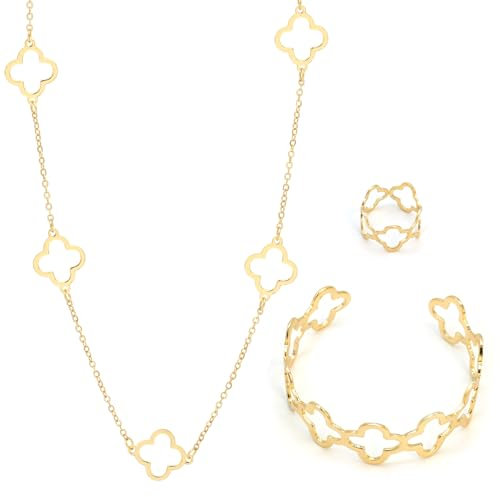 XSDSLS Four-Leaf Clover Jewellery Set for Women Girls Gold Adjustable Pendant Necklace Open Bangle Ring with Four-Leaf CloverJewelry Sets for Women Girls