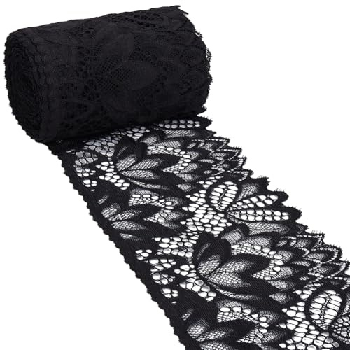 CABODYALS 9.14 m Schwarzer Elastischer Spitzenbesatz Blumenbesatz Stoff Besticktes Nylonband Dehnbare Netzbänder Mit Vintage Blumenrand Zum Nähen Herstellen von Kleidungszubehör Halloween Dekoration H