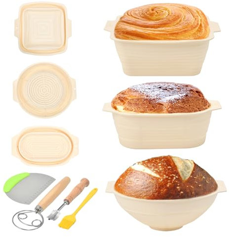 Joyeee Cesta Fermentacion Pan, 3pcs Banetones para Pan Plegable de Silicona, Juego de Cesta 27cm Ovalada 24cm Redondo 26cm Cuadrada con Batidora Danesa Cuchilla Panadero Cepillo Raspador de Masa