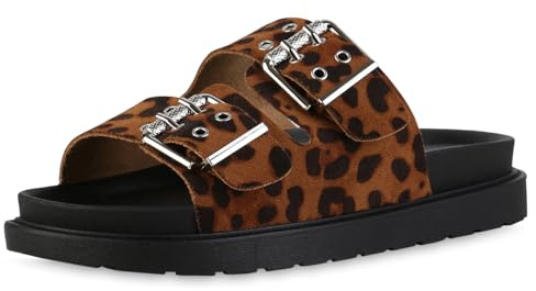 VAN HILL Damen Pantoletten Plateau Schnallen Trendy Schuhe 217447 Leopard 37