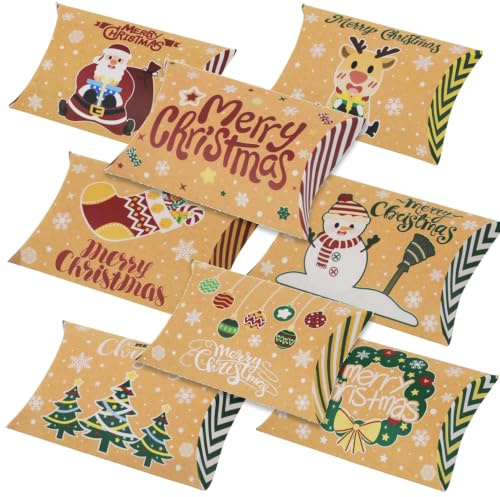 24Stück Weihnachten Geschenkbox Klein,Geschenkverpackung Weihnachten Deko | Kraftpapier Kissenschachteln Merry Christmas Süßigkeitenboxen für Pralinen Keksen Party Geschenkbox zum Befüllen,12*7.5*2.5CM