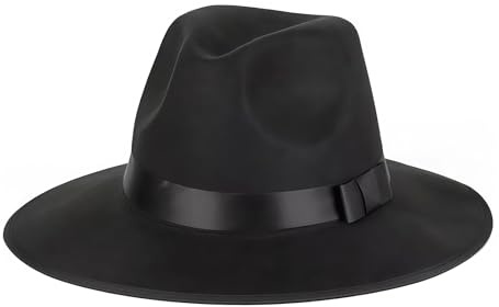 OHEETU Klassische schwarze Fedora-Hut mit breiter Krempe, Filz, Panama-Jazz-Derby-Mütze mit verstellbarem Band, für Damen und Herren (56–59 cm)