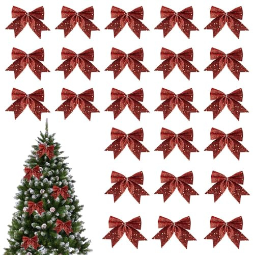 HSHHOOM 24 Piezas Lazos Arbol Navidad, Arcos Navideños, Adornos para Árbol de Navidad, Lazos Navideños Elegantes para Árbol, Puerta, Corona, Decoración de Bodas (Rojo)