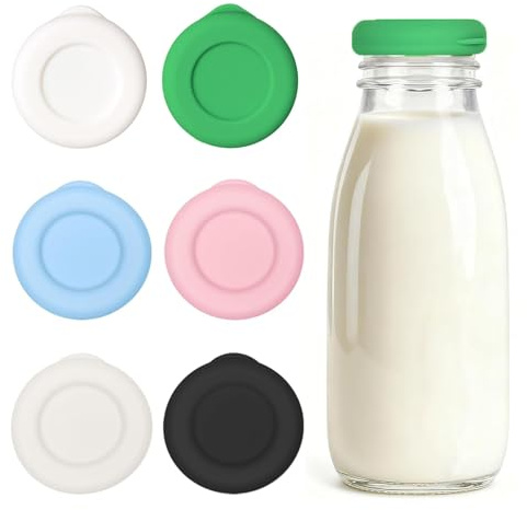 6 Pack Milk Bottle Tops [One Pint, NOT 1L], Reusable Silicone Lids for One Pint Milk Glass Bottles, Leakproof & Dishwasher Safe, Durable Food-Grade Silicone