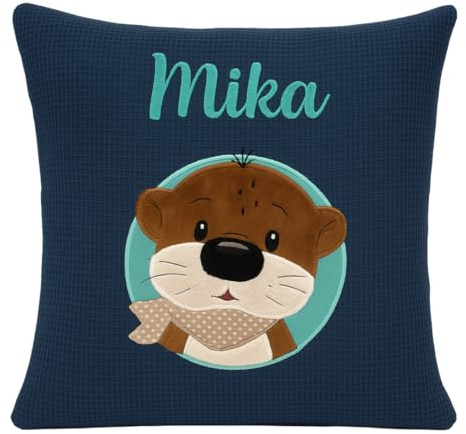 Generisch Almstübchen Kissen aus Waffelpique Bestickt und Personalisiert Otter mit Halstuch, 100% Baumwolle, 40x40 cm, Geschenk zur Geburt oder Taufe, Dekokissen für Kinderzimmer