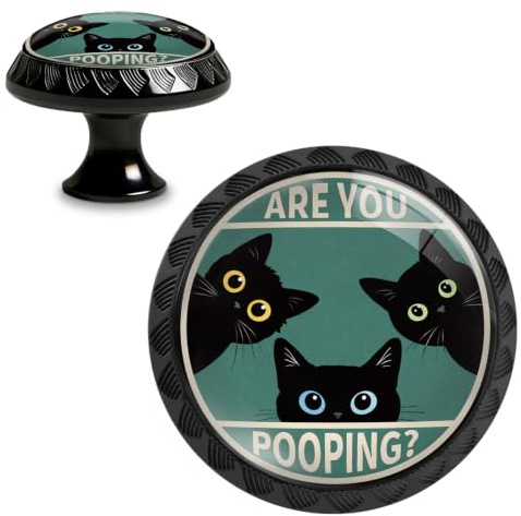 Yiruhe 4 Pack Black Cat are You Pooping Funny Kitchen Cabinet Knobs Crystal Glass Round Drawer Pulls for Dresser Cupboard Door Handles