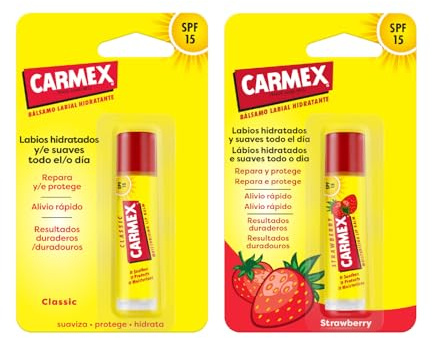 Carmex Bálsamo Labial SPF 15, Pack Click Stick Clásico + Click Stick Fresa