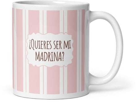 Mugy Taza Madrina | Quieres Ser Mi Madrina | Regalo Baby Shower | Regalo Madrina Bautizo | Apta Microondas y Lavavajillas | Taza Ceramica 350 ml (Rosa_Rayas)
