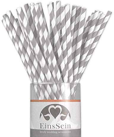 EinsSein 25x Pailles de Papier Stripes L 19,5cm Blanc-Argent