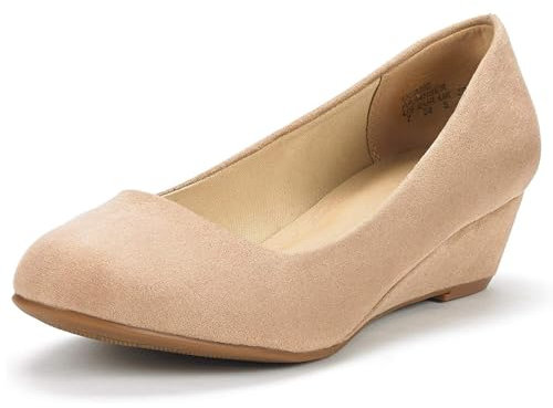 DREAM PAIRS Women's Debbie Mid Wedge Heel Pump Shoes, Size 5.5, Nude/Suede
