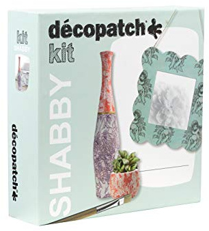 Décopatch - Ref KIT024C - Shabby Kit - Décopatch for Adults - 3 Ornaments to Make, Hanging Photo Frame, Tall Vase, Round Vase - Includes 4 Sheets of Paper, Glue & Brush