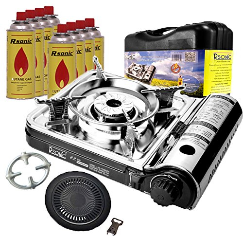 RS-7000 Campingkocher Turbo Gaskocher + 8X Gaskartuschen + PH-T01 Herdkreutz + Grillplatte 2tlg. [Farbe Chrom/Schwarz oder Dunkelgrün]