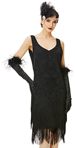 BABEYOND Damen 1920s Flapper Kleid Schwarz Geblümt Ärmellos V-Ausschnitt Hohe Taille Party Fasching Kostüm Kleid M