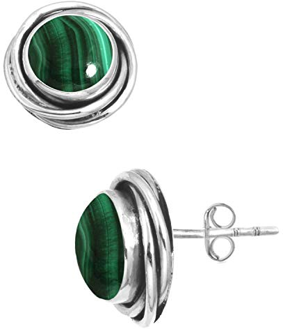 Jeweloporium Grüner Malachit Ohrstecker Silber, 925 Sterling Silber Ohrring für Frauen, Echter runder Stein Handgefertigter Schmuck