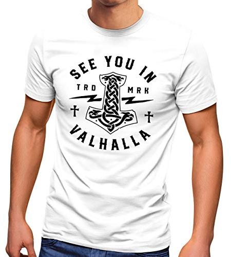 Neverless® Herren T-Shirt See You in Valhalla Valknut Mjölnir Thor Hammer Fashion Streetstyle weiß 3XL