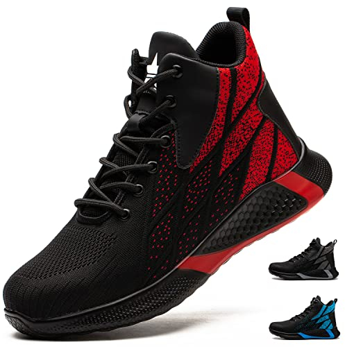 PAQOZKC Chaussures de Sécurité Montante Légère Hommes Femmes Basket de Sécurité Confortable Chaussures de Travail Haute Respirantes 8081/Rouge 43