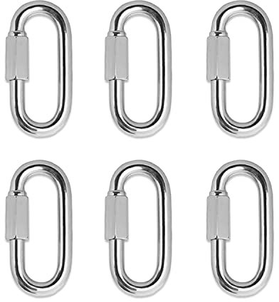 6Pcs Quick Link Chain M6 Quick Chain Connector 304 Stainless Steel Carabiner D Shape Locking Caribena Clips for Outdoor Hiking Hammocks Swings Rope Marine Hardware Keychain Buckle (Max 350kg)