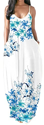 PADOLA Robe Femme Chic et Élégante Bohème Avec Poche Bretelles Spaghetti Maxi Floral de Plage Longue Été Décontractée Vintage Grande Taille Sans Manche (Fleur Bleue, L)