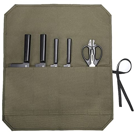 Chef Knife Roll, Heavy Duty 16oz Waxed Canvas Knife Holder, Portable Knife Storage Roll Bag with 7 Slots & Tie Rope - for Culinary School Home Kitchen Professional Chefs - Army Green