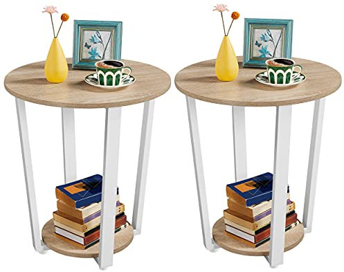 Yaheetech Set 2 Tavolini Laterali da SalottoTavolini Industriale a 2 Ripiani Coppia Comodini da Camera da Letto Vintage Tavolino Rotondo da Divano per Soggiorno Legno Quercia Chiaro