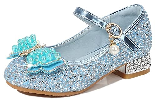 YOSICIL Principessa Scarpe con Tacco da Bambine e Ragazze con Fiocchi Scarpe da Principessa con Paillettes Ragazza Ballerine Glitterate Scarpe Eleganti Partito e Carnevale,Blu,25