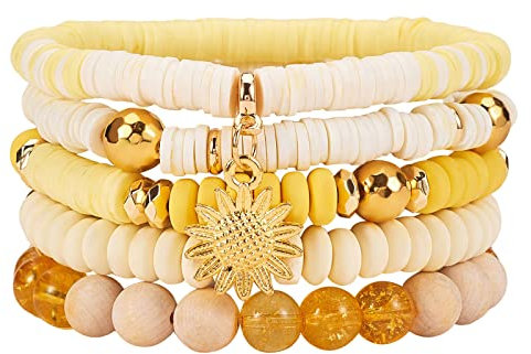 WEWAYSMILE 5 Pièces Bracelets Empilables Perles Heishi, Ensemble Bracelets Surfeur Heishi, pour Femme, Jaune, Diamètre Intérieur: 2 1/8~2-1/4 pouces (5.5~5.8 cm)