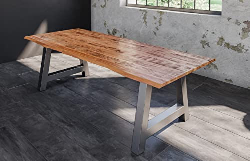 SAM Esstisch Dora 300 x 100 cm, Mangoholz massiv, lackiert & naturfarben, Baumkantentisch mit A-Metallgestell in Silber, echte Baumkante, 26 mm