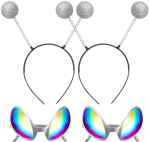 Vibbang 2 Stück Alien Brille Kostüm Sonnenbrille, 2 Stück Lustige Martian Antenne Stirnband, Party Brillen, Dekorative Alien Space Kostüm Cosplay Party Rave Accessoires Halloween Karneval (Silber)